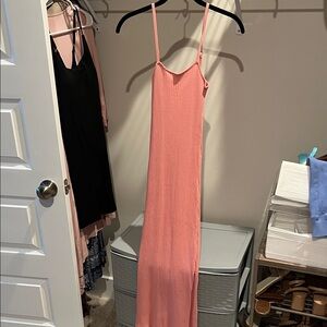 Stretchy Pink Ribbed Maxi Dress with Spaghetti Straps